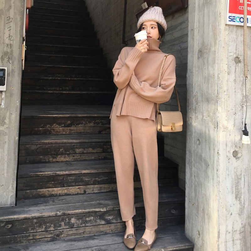 Casual Sweater Pants Knitted 2 Pieces Set Turtleneck Pullovers & Elastic Waist Pants Women Sweater Sets 2020 Autumn Knitted Set