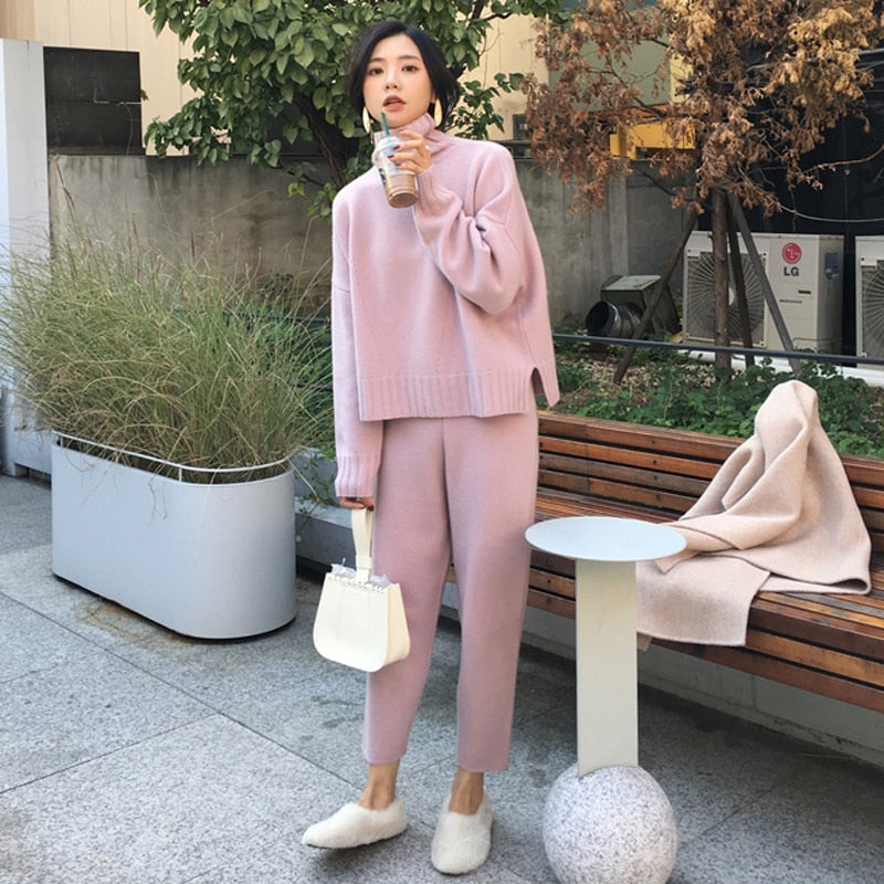 Casual Sweater Pants Knitted 2 Pieces Set Turtleneck Pullovers & Elastic Waist Pants Women Sweater Sets 2020 Autumn Knitted Set