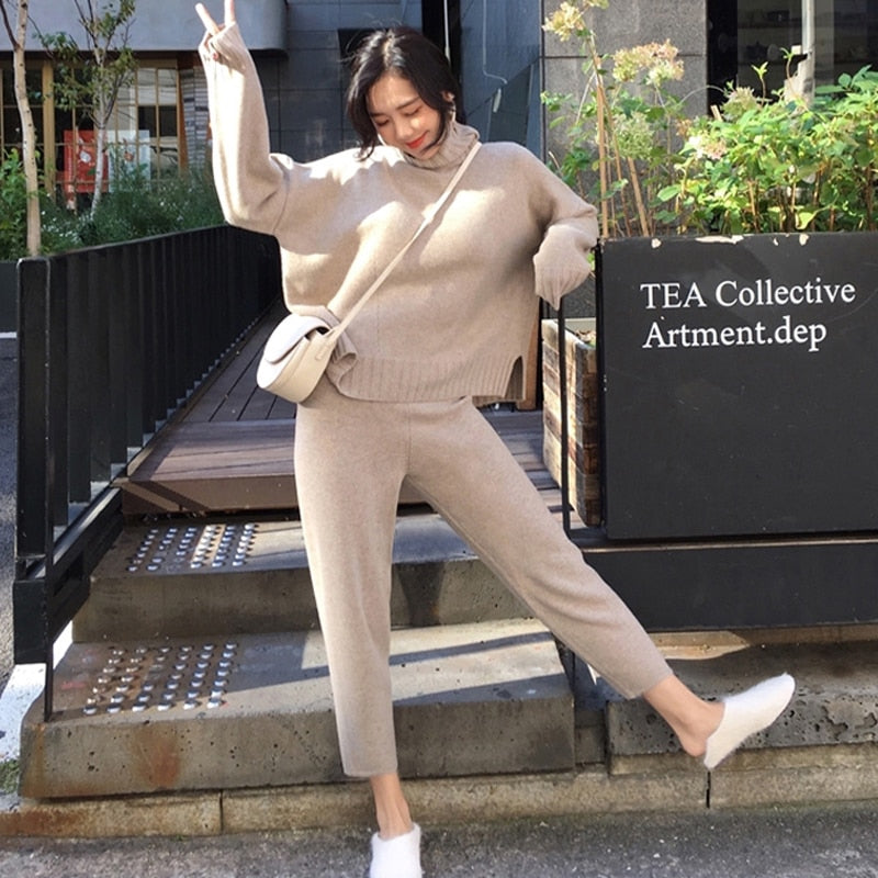 Casual Sweater Pants Knitted 2 Pieces Set Turtleneck Pullovers & Elastic Waist Pants Women Sweater Sets 2020 Autumn Knitted Set