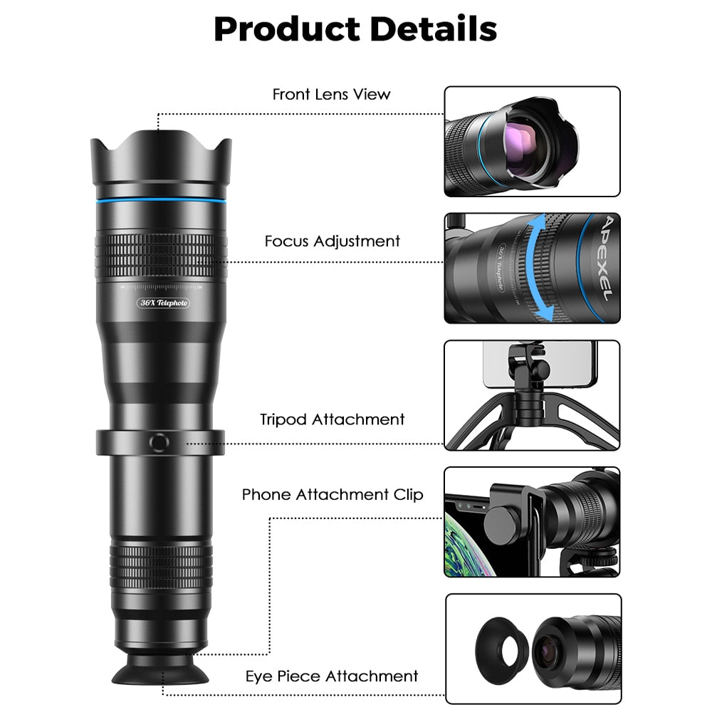 APEXEL HD 36X Phone Lens Camera Telephoto Zoom Monocular Telescope Lens + SelfieTripod With Remote Shutter For All Smartphones