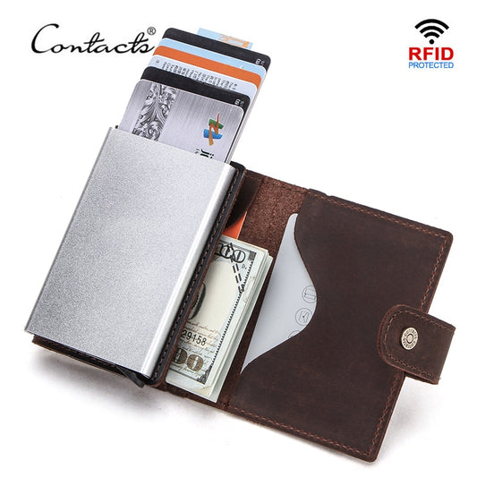 CONTACT&#39;S Crazy Horse Leather Card Holder Wallet Men Automatic Pop Up ID Card Case Male Coin Purse Aluminium Box RFID Blocking