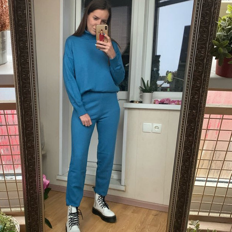 Casual Sweater Pants Knitted 2 Pieces Set Turtleneck Pullovers & Elastic Waist Pants Women Sweater Sets 2020 Autumn Knitted Set