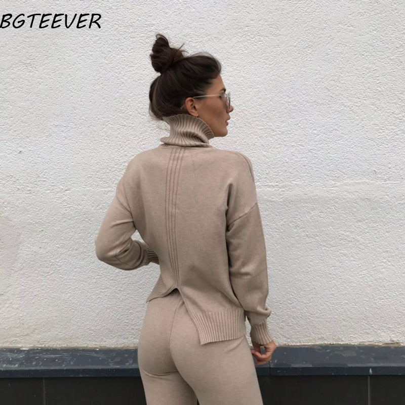 Casual Sweater Pants Knitted 2 Pieces Set Turtleneck Pullovers & Elastic Waist Pants Women Sweater Sets 2020 Autumn Knitted Set