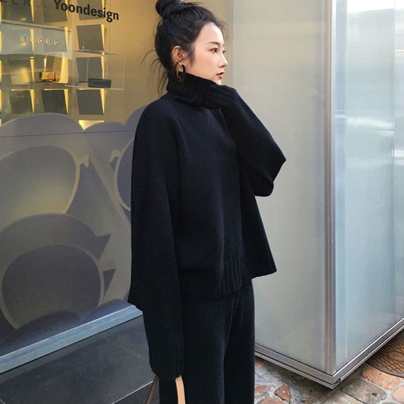 Casual Sweater Pants Knitted 2 Pieces Set Turtleneck Pullovers & Elastic Waist Pants Women Sweater Sets 2020 Autumn Knitted Set
