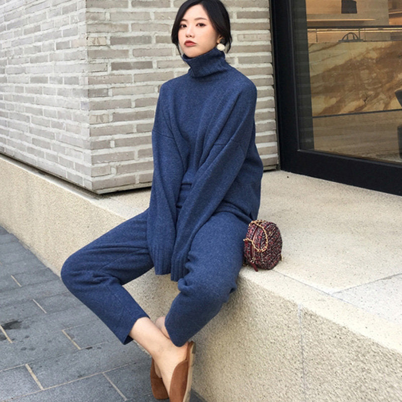 Casual Sweater Pants Knitted 2 Pieces Set Turtleneck Pullovers & Elastic Waist Pants Women Sweater Sets 2020 Autumn Knitted Set