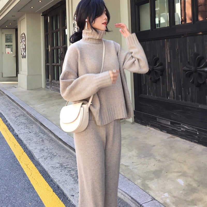 Casual Sweater Pants Knitted 2 Pieces Set Turtleneck Pullovers & Elastic Waist Pants Women Sweater Sets 2020 Autumn Knitted Set