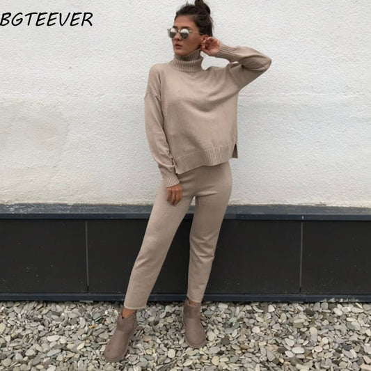Casual Sweater Pants Knitted 2 Pieces Set Turtleneck Pullovers & Elastic Waist Pants Women Sweater Sets 2020 Autumn Knitted Set