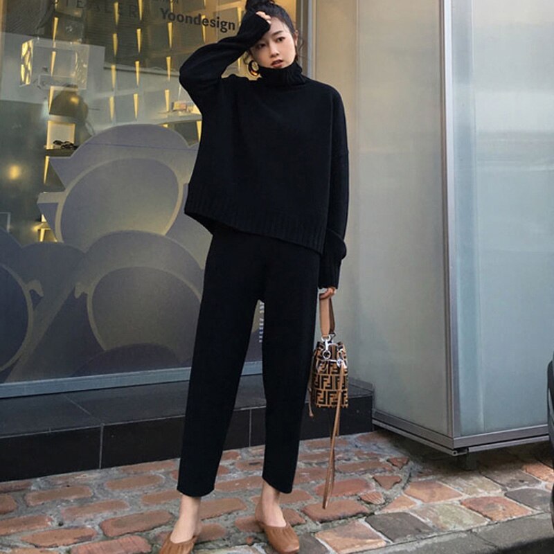 Casual Sweater Pants Knitted 2 Pieces Set Turtleneck Pullovers & Elastic Waist Pants Women Sweater Sets 2020 Autumn Knitted Set